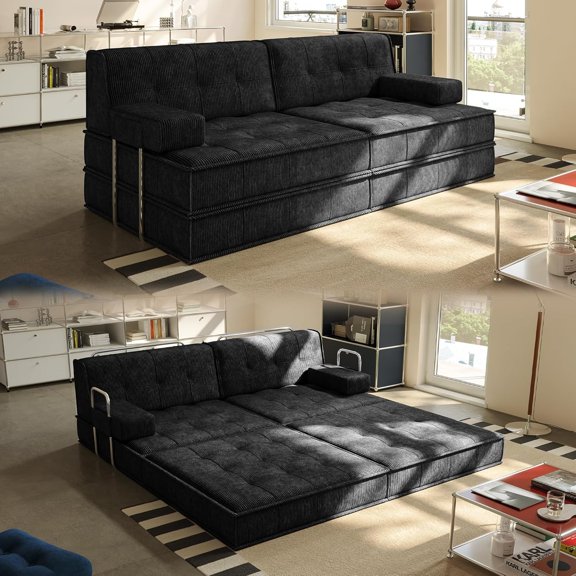 Pipleo 81.5" Convertible Sofa Bed, Oversized Corduroy Modular Boneless Couch with 2 Pillows, Pull Out Couch with Fixed-Shape Frame, Foldable Sleeper Sofa for Living Room