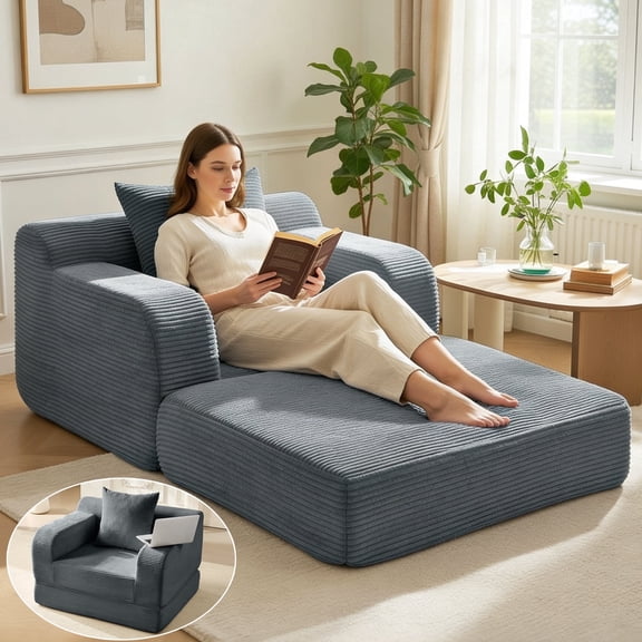 Pipleo Corduroy Futon Sofa Bed, 40" Single Sleeper Couch with Chaise Lounge & Pillow, No Assembly Required, Comfy Small Space Living Room Bedroom Couch