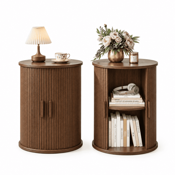 Pipleo End Table Set of 2, Tall Round Side Table with Tambour Door, Adjustable Shelf, Modern Nightstand for Living Room, Bedroom