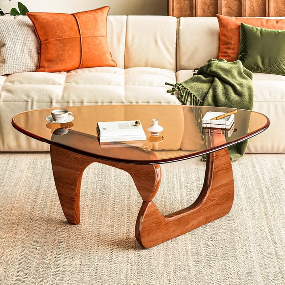 Pipleo Glass Coffee Table, Mid Century Modern Coffee Table with Walnut Glass Top, Living Room Table for Patio Office Balcony Bedroom