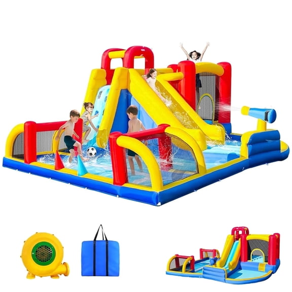 NEORIVER Inflatable Water Slide Park with Soccer Zone, Long Slide & Splash Pool, 10-in-1 Backyard Bounce House for Kids, 550W Air Blower Included