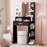 Makeup Vanity Desk with Mirror and Lights, NEORIVER Black Vanity Mirror with Lights with Large Drawer and 6 Level Storage, Black Vanity with Large Led Mirror with 3 Color Lighting Modes