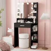 Makeup Vanity Desk with Mirror and Lights, NEORIVER Black Vanity Mirror with Lights with Large Drawer and 6 Level Storage, Black Vanity with Large Led Mirror with 3 Color Lighting Modes