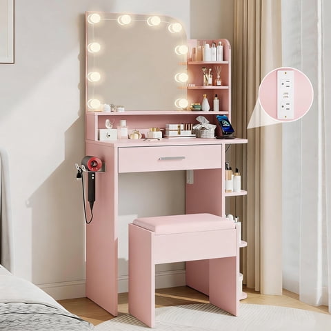 Pipleo Makeup Vanity Set with Mirror and Lights, 26.4" White Vanity Mirror with Lights with Large Drawer and 6 Level Storage, White Vanity with Large Led Mirror with 3 Color Lighting Modes