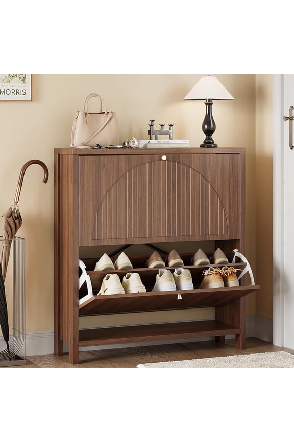 Modern Fluted Shoe Storage Cabinet for Entryway with 2 Flip Drawers, Narrow Wood Shoe Cabinet with Arch-carved Door & Adjustable Shelf, Freestanding Hidden Shoes Organizer Rack Cabinets