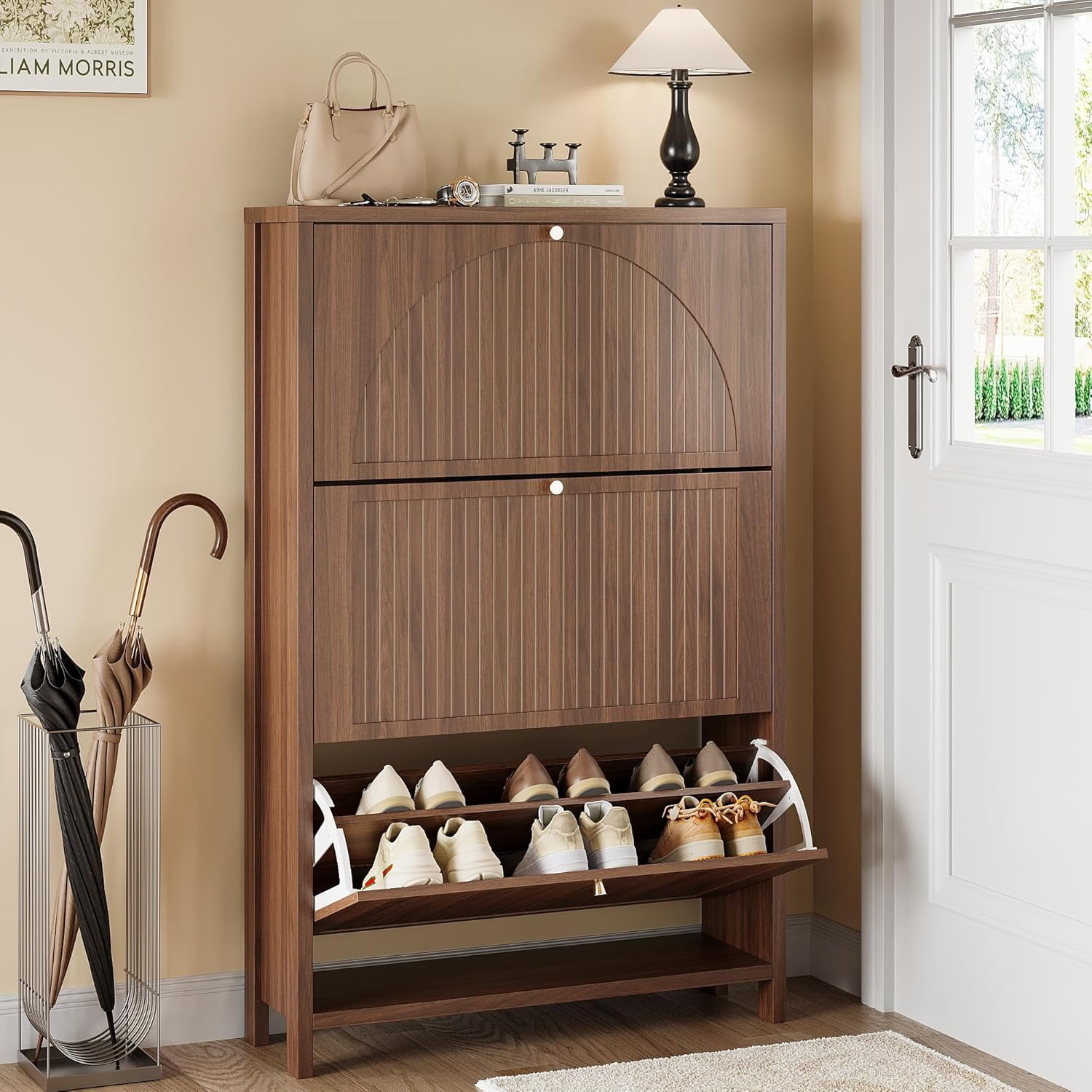 Pipleo Modern Fluted Shoe Storage Cabinet for Entryway with 3 Flip Drawers, Narrow Wood Shoe Cabinet with Arch-carved Door & Adjustable Shelf, Freestanding Hidden Shoes Organizer Rack Cabinets