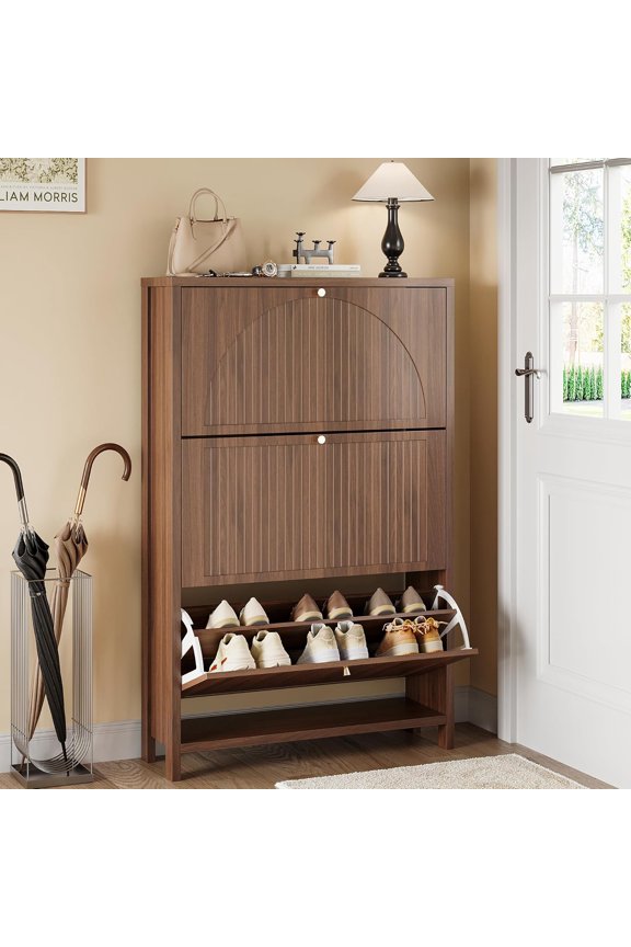 Modern Fluted Shoe Storage Cabinet for Entryway with 3 Flip Drawers, Narrow Wood Shoe Cabinet with Arch-carved Door & Adjustable Shelf, Freestanding Hidden Shoes Organizer Rack Cabinets