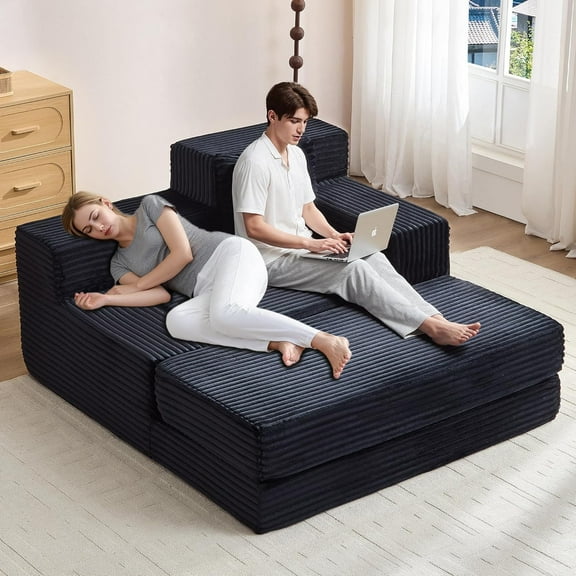 Oversized Chaise Lounge Chair Furniture Indoor, No Assembly Required, Pipleo 60" Sofa Bed Sleeper, High-Density Foam Cloud Couch with Dual-Height Armrests and 2 Pillows for Living Room, Bedroom