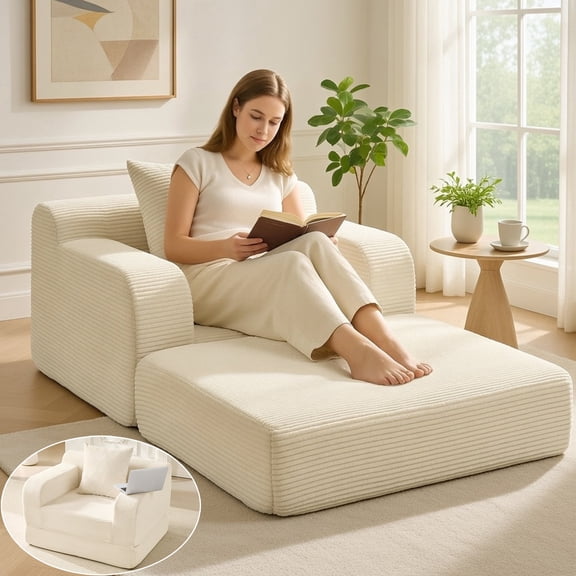 40" Corduroy Futon Sofa Bed, Pipleo Single Sleeper Couch with Chaise Lounge & Pillow, Comfy Small Space Living Room Bedroom Couch