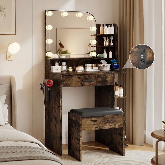 Pipleo Small Vanity Set with Lighted Mirror, 26.4" Modern Makeup Vanity Desk with Stool and Charging Station for Women, Easy Assembly