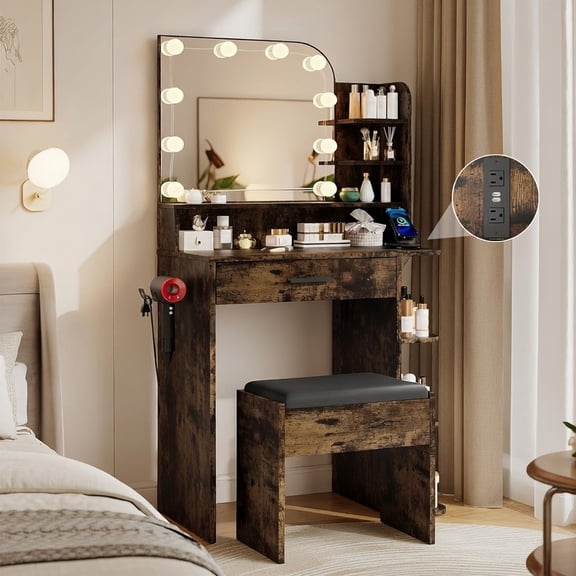 Pipleo Small Vanity Set with Lighted Mirror, 26.4" Modern Makeup Vanity Desk with Stool and Charging Station for Women, Easy Assembly