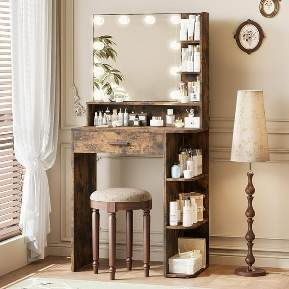 Pipleo Vanity Desk with Mirror and Lights, White Vanity Mirror with Lights with Large Drawer and 6 Level Storage, White Vanity with Large Led Mirror with 3 Color Lighting Modes