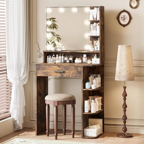 Vanity Desk with Mirror and Lights, NEORIVER White Vanity Mirror with Lights with Large Drawer and 6 Level Storage, White Vanity with Large Led Mirror with 3 Color Lighting Modes
