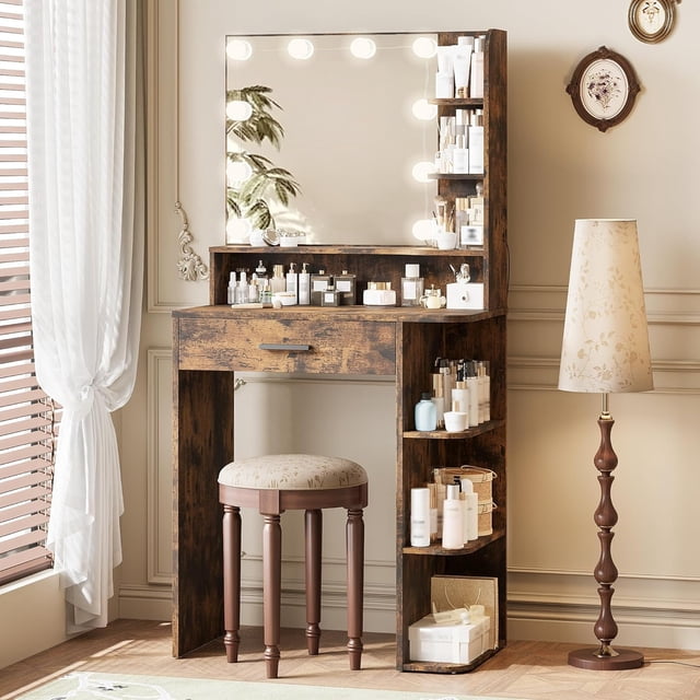Vanity Desk with Mirror and Lights, NEORIVER White Vanity Mirror with Lights with Large Drawer and 6 Level Storage, White Vanity with Large Led Mirror with 3 Color Lighting Modes