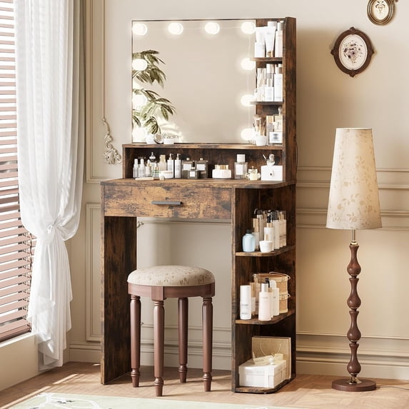Vanity Desk with Mirror and Lights, NEORIVER White Vanity Mirror with Lights with Large Drawer and 6 Level Storage, White Vanity with Large Led Mirror with 3 Color Lighting Modes
