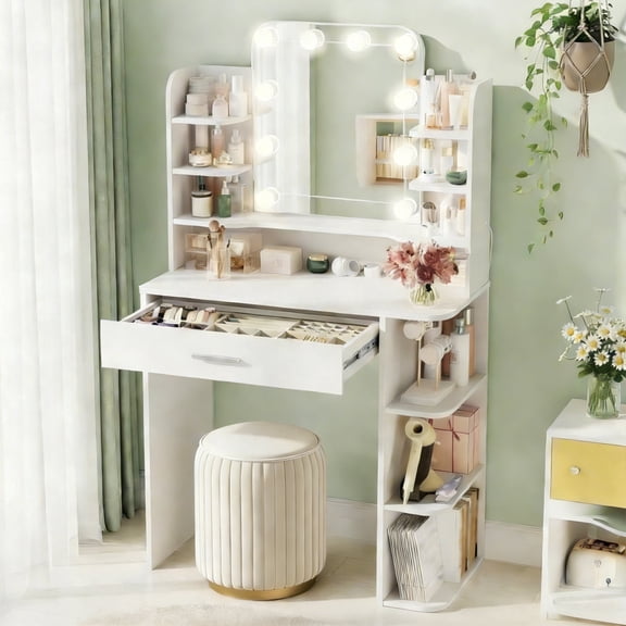 Pipleo 31" W Makeup Vanity Desk with Mirror and Lights, Small Vanity Table with 8 Storage Shelves, Big Drawer and 3 Lighting Colors, Bedroom Vanity for Girls