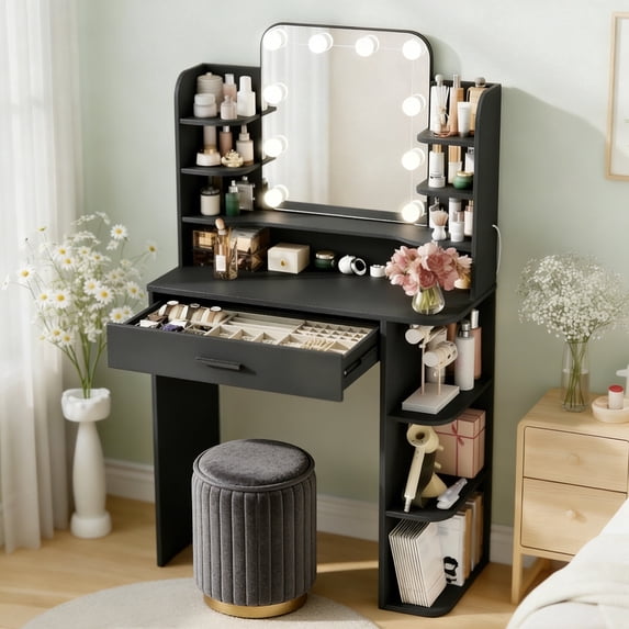 Pipleo 31" W Makeup Vanity Desk with Mirror and Lights, Small Vanity Table with 8 Storage Shelves, Big Drawer and 3 Lighting Colors, Bedroom Vanity for Girls
