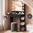 thumbnail image 1 of Pipleo Makeup Vanity Desk with Mirror and Lights, Power Outlet, 34.25”Small Vanity Mirror with Lights with Large Drawer, Foldable Shelve＆6 Storage, Black Vanity with 3 Lighting Modes, 1 of 7