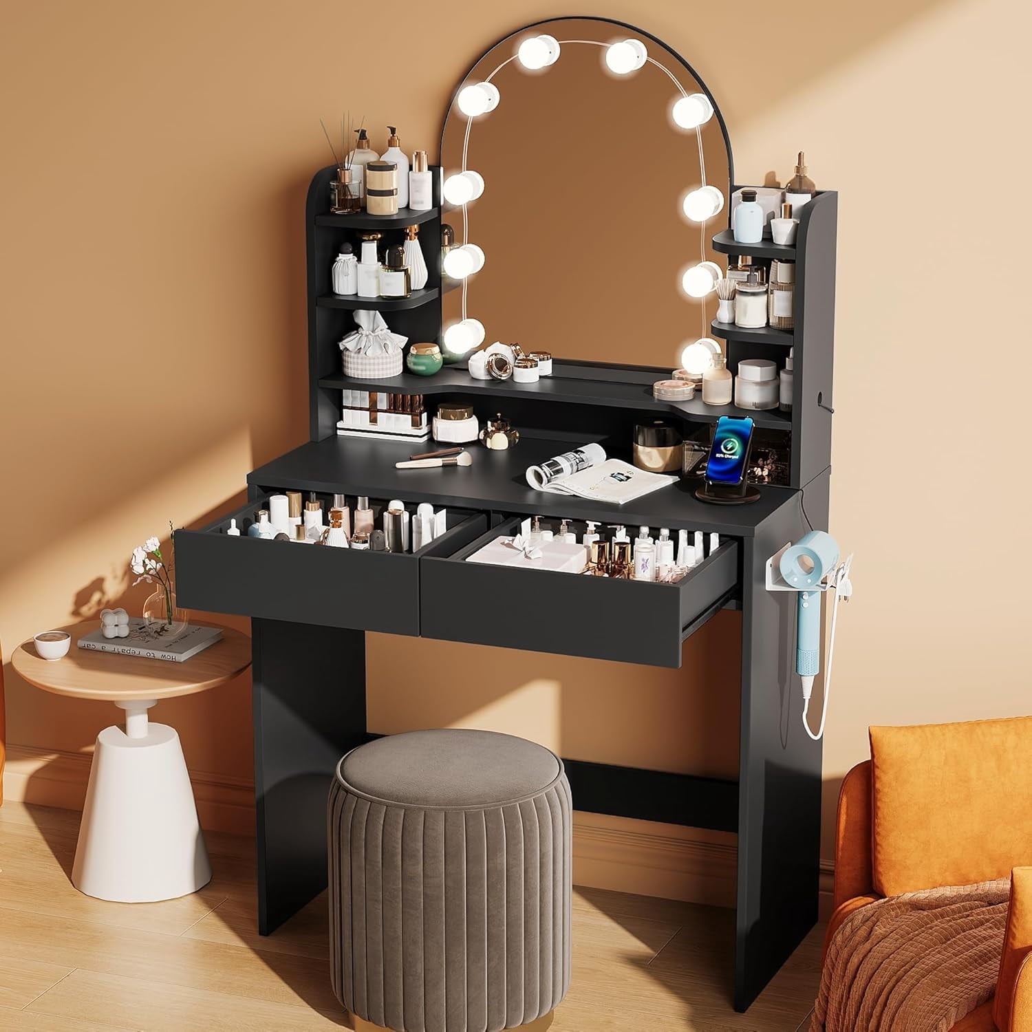 Pipleo  32" Lighted Mirror Vanity Desk with Power Outlet, Small Makeup Table with 2 Drawers & 6 Shelves, Black Vanity for Bedroom, Small Spaces, Easy Assembly