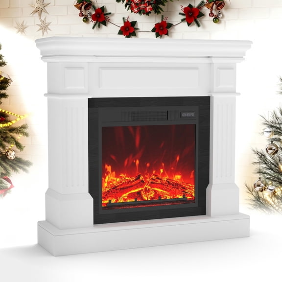 Pipopa 35" Electric Fireplace with Mantel,White Wooden Surround with 18" Fireplace Insert Heater for Living Room, Bedroom,Remote Control,1500W,White
