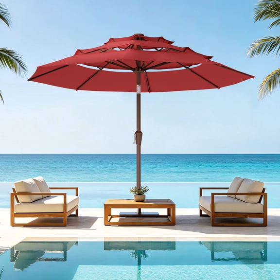 Pipopa 9FT Patio Umbrella 3 Tiers,Outdoor Table Market Umbrella with Tilt Adjustment and Crank for Garden,Pool,Beach,Red