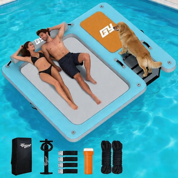 Pipopa Inflatable Dock Floating Platform with Ramp,3-in-1 Floating Dock with Large Mesh Layer Hammock,Detachable Headrest,for Lake,Pool,Party,700LBS