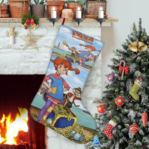 Pippi Longstocking-theme Christmas StockingsFine white linen for Stairs Fireplace Hanging Xmas Home Decor Christmas gift17.7"X12.6"(45cm32cm)