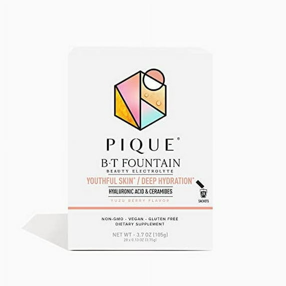 Pique BT Fountain Beauty Electrolyte Powder - Hydration Powder Packets with Hyaluronic Acid, Ceramides, Potassium, Magnesium for Hydrated Skin - No Added Sugar - 28 Single Serve Sticks (Pack of 1)