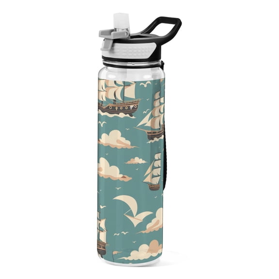 Piracy Ship Sports Water Bottle Portable Travel Mug 32oz BPA Free Leak Proof Straw Transparent Tritan for Gym Yoga Cycling Camping