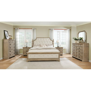Piraeus Wood Bedroom Set with Upholstered Tufted Bed, Dresser, Mirror ...