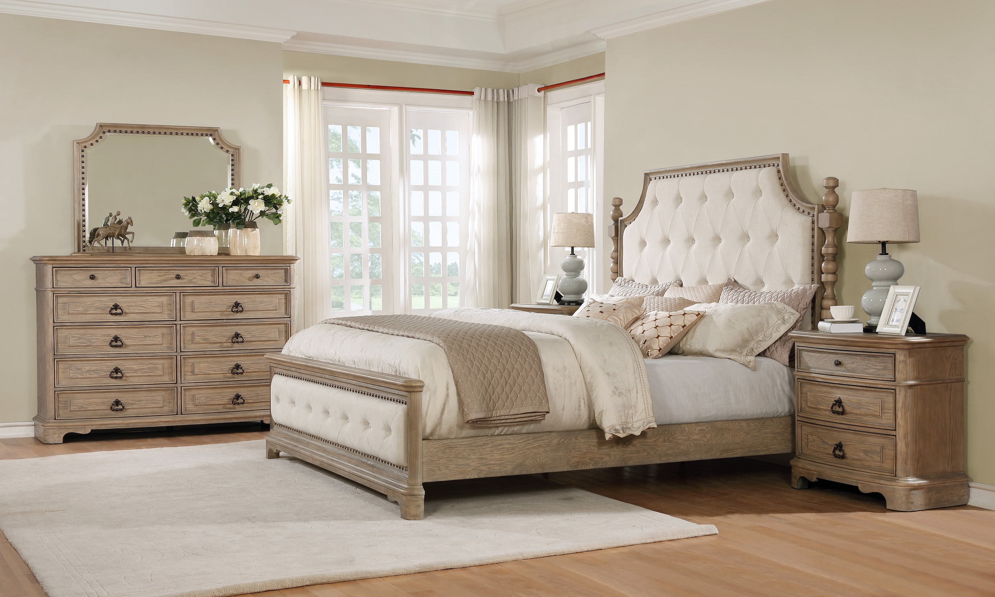 Piraeus Wood Bedroom Set with Upholstered Tufted Bed, Dresser, Mirror and 2 Nightstands, White Washed Finish, Queen Size - image 1 of 8