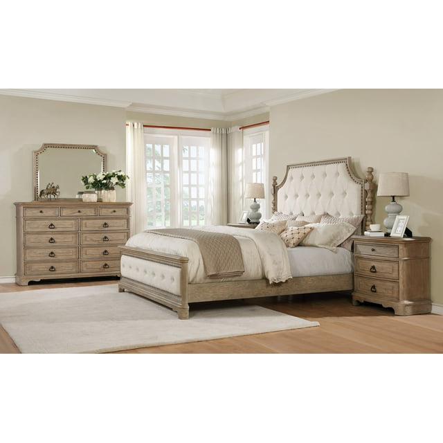 Piraeus Wood Bedroom Set with Upholstered Tufted Bed, Dresser, Mirror and 2 Nightstands, White Washed Finish, Queen Size