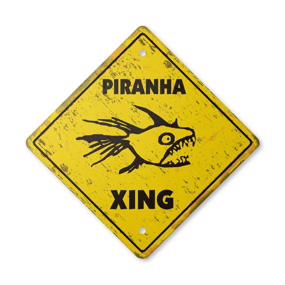 Pirahna Vintage Crossing Sign Zone Xing | Indoor/Outdoor Plastic | 17" Tall rustic new caution fish man eater maneater tropical