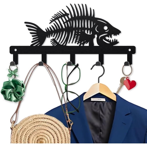 Piranha Bone Key Holder for Wall 9.84.7inch Fish Metal Key Hook Hanger with 5 Hooks Fish Bone Marine Fossil Decorative Key Rack for Entryway Hallway Kitchen Office DIY Making