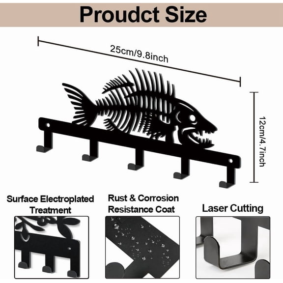 Piranha Bone Key Holder for Wall 9.84.7inch Fish Skeleton Metal Key Hook Hanger with 5 Hooks Fish Bone Marine Fossil Decorative Key Rack for Entryway Hallway Kitchen Office