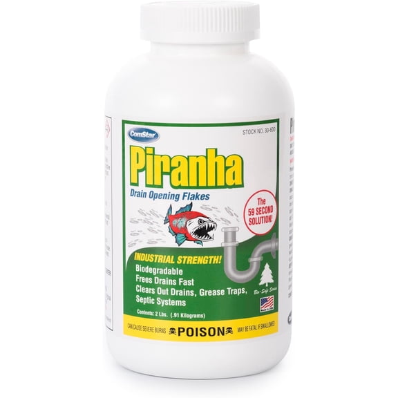Piranha - Crystal Flakes, Non-Acid Drain Cleaner That Dissolves Grease, Hair & Root Growth in Sewer Lines Instantly, Made in USA, 2 Pounds (30-600)