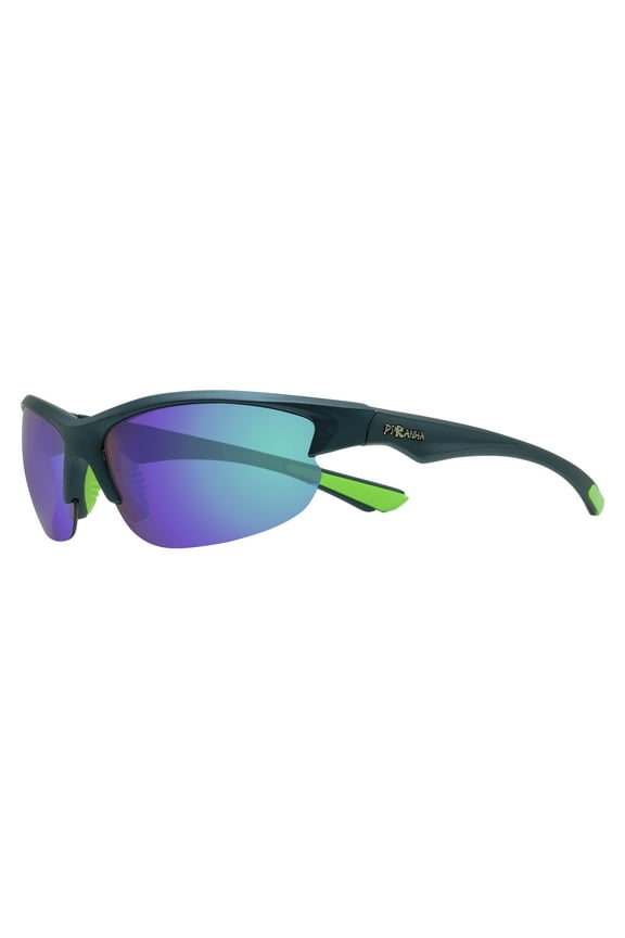 Lynx 5 Dark Blue Unisex Sports Sunglasses with Green Trim and Blue Mirror Lens