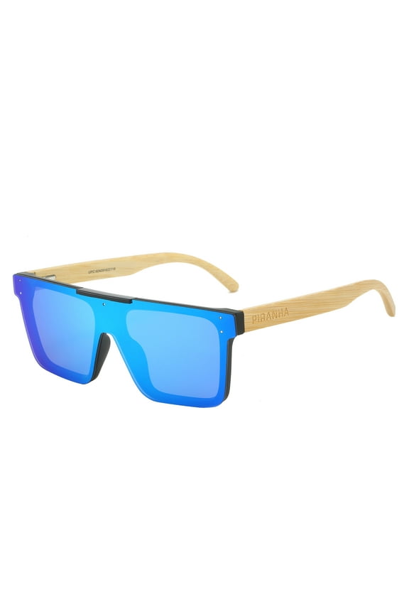 Owen Square Bamboo Sunglasses with Blue Mirror Shield Lens