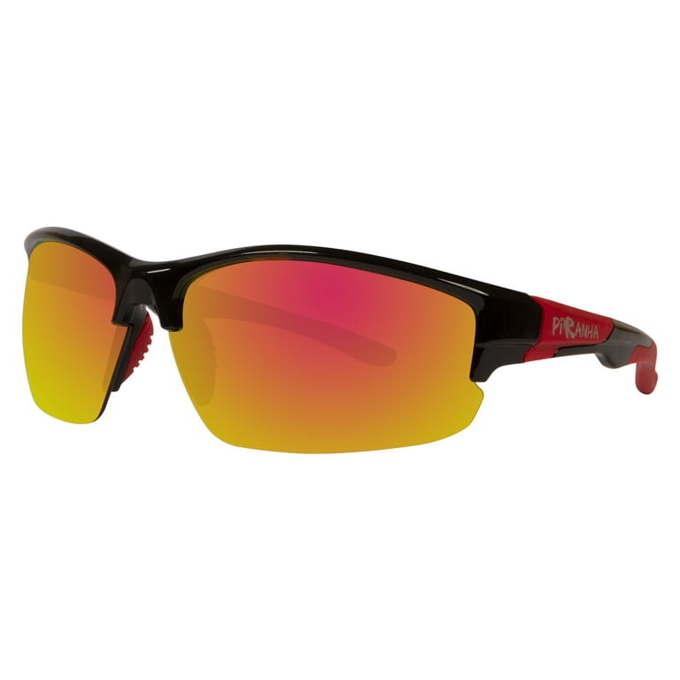 Piranha Eyewear Victory Glossy Black Sunglasses with Red Temples and Red  Mirror Lens