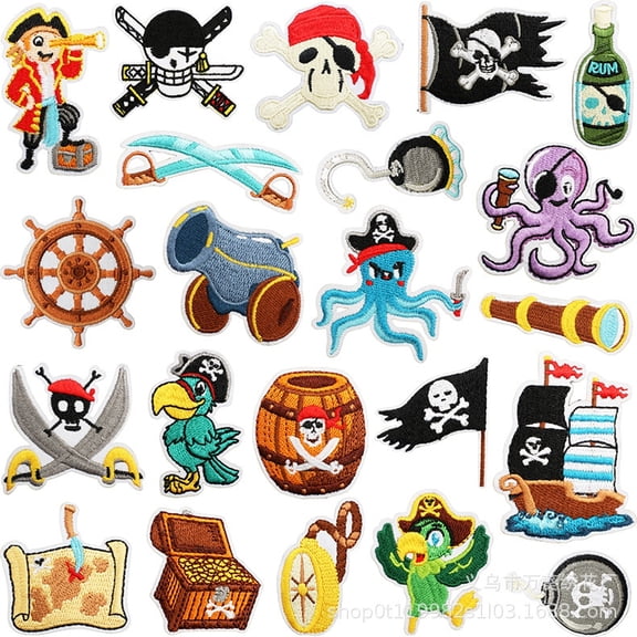 Pirate Adventure Embroidered Iron-On Patch Set Treasure Map, Ship, Octopus & Party Appliques for Clothing, Bags & DIY Crafts (22pcs)