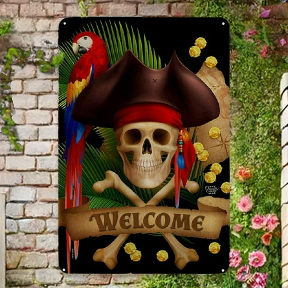 Pirate Ahoy Mate Metal Sign - Coastal Ship Skull Treasure Map Carribean Jolly Blackbeard Jack - House Decoration Mate Metal Gift Made in USA 12X8 Decorative Sign & Plaques