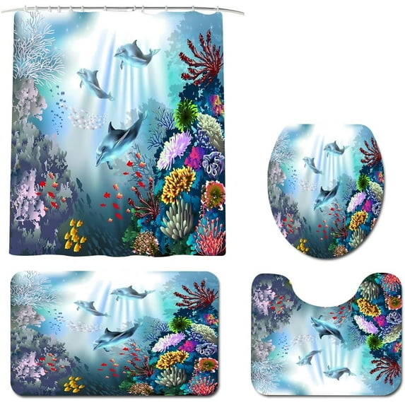 Pirate Bathroom Sets with Shower Curtain set and Rugs and Accessories for Men Restroom Decoration Pirate Ship and Ocean Animals in The Sea Shower Curtains and Toilet Seat Cover Floor Rugs