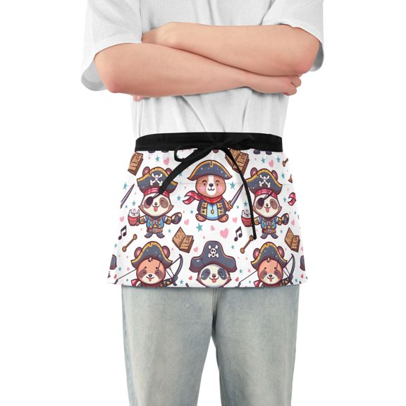Pirate Bear and Book Server Apron with 3 Pockets Waterproof Waitress Waist Short Apron for Man Woman 12 Inches