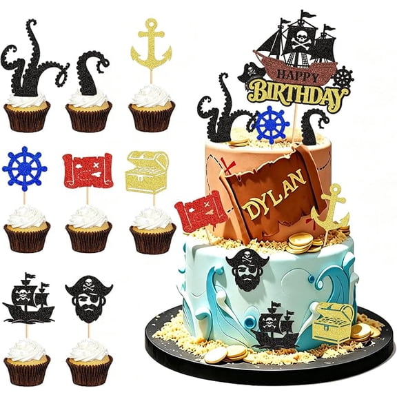 Pirate Birthday Cake Toppers 25 Pack with Corsair Ship Nautical Sailing Cupcake Picks
