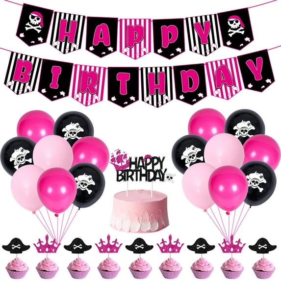 Pirate Birthday Party Decorations for Girl, Hot Pink and Black Pirate Happy Birthday Banner and Latex Balloon, Cake and Cupcake Topper, Pirate Theme Party Supplies Birthday Party for Kids Boys Girls
