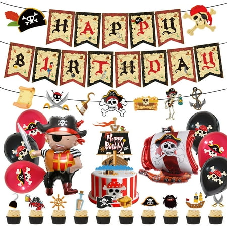 Pirate Birthday Party Decorations, Pirate Party Supplies with Happy Birthday Banner, Garland Signs, Cake Toppers, Pirate Captain Ship Balloons Set for Adults Kids Pirate Theme Party Favors