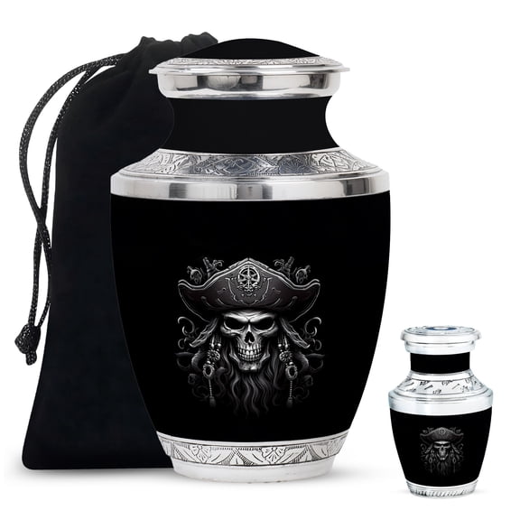 Pirate Black Skull Handmade Small Urn For Ashes Adult Male - Unique Large Urn For Ashes For Women - Decorative Gifts For Funeral Combo 10Inch 200Lbs And 3Inch Keepsake Urn
