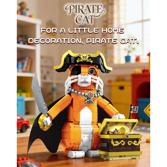 Pirate Captain Cat Building Set for Adults, Compatible with Lego Set, 1424PCS Orange Cat with Treasure Chest & Pirate Hat, Adventure Collection, Animal Lovers