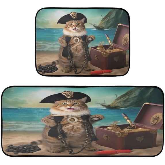 Pirate Cat 2 Pieces Kitchen Rugs and Mats Sets,Non Slip Absorbent Floor Mat for Kitchen, Floor Home, Office, Sink, Laundry Home Decor