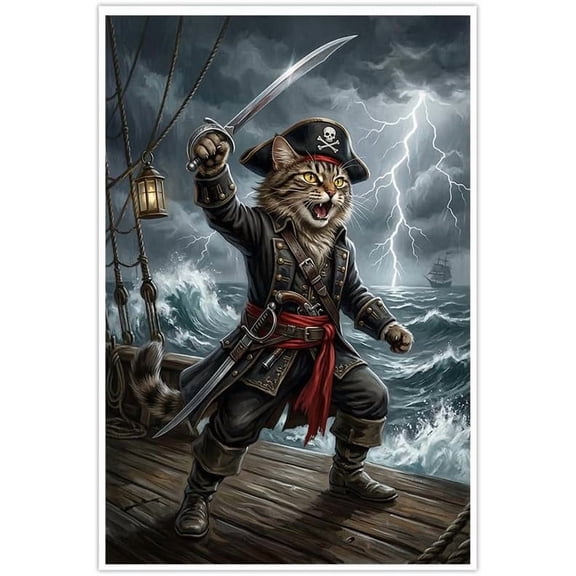 Pirate Cat Canvas Wall Art Posters Epic Nautical Home Decor Funny Feline Captain Painting for Living Room Bedroom Office Wall Decor Stormy Sea Ocean Art Prints